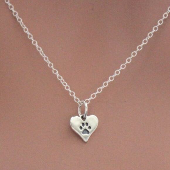 Sterling Silver Tiny Heart Paw Print Necklace - Picture 1 of 5